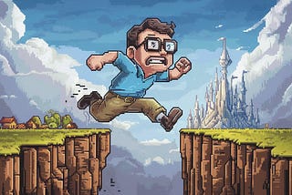 A designer leaping across a chasm (an analogy for crossing a skill gap)