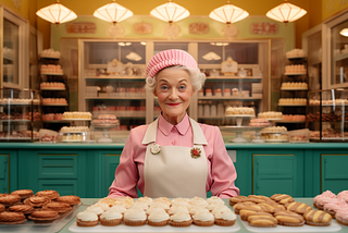 Symmetrically staged scene of a whimsical pastel-hued bakery, shot with a Fujifilm GFX 100S. The owner, an eccentric woman in her 70s, stands proudly at the counter, surrounded by a delightful array of pastries. Style of Wes Anderson. Rich detail. It should highlight the pastel color palette and the geometric precision in the composition. — ar 3:2 — v 5.2