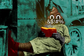 A male figure in heavy canvas protective clothes, boots and gauntlets, reclining in the wheel-well of a locomotive, reading a book. The figure’s head has been replaced with the poop emoji from the cover of the US edition of ‘Enshittification,’ whose mouth is covered with a black, grawlix-scrawled bar. The figure is reading a book, from which emanates a halo of golden light.