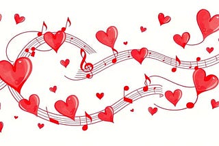 Sheet music in waves with red notes and red hearts, all on a white background.