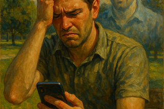Frustrated man tries to contact his erstwhile brother with a mobile phone while at a park.