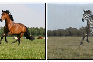 Left side is a horse running in a meadow. Right side is the same picture, but the horse is now a zebra.