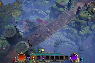 Torchlight III’s customizable player character stands on a bridge hanging over a chasm.