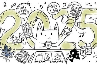 Cat holding various objects from phones to tarot cards infront of 2025 text