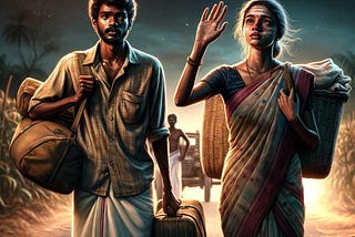 A young Tamil couple are leaving at night, carrying luggage. A shirtless young man is seeing them off. The woman is waving goodbye.