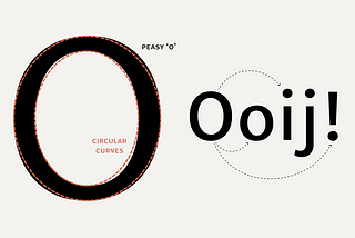 Illustration showing the letter O from Peasy and circular curves superimposed, showing the gap between them. Second illustration showing how O, o, and the dots in i, j, and ! are related