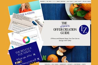 examples of the pages and worksheets in the free ultimate offer creation guide from Laura Zavelson