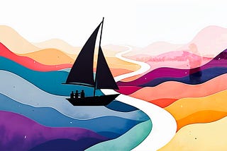 a sailboat floating over rainbow waves