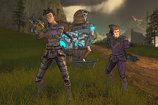 Video-game avatars of Courtney and Yi Shun standing in front of a futuristic-looking machine in a field of grass with a road behind them. There is a grey lurking building in the far background and the sky is threatening.
