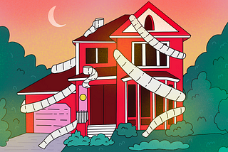 a Tim Burton style illustration of a house wrapped in toilet paper