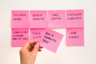 A picture depicting different methodologies (Cultural Probe, Develop Personas, Card Sorting, Customer Interviews, Listen in on customer service calls, Field visits, Run a usibility test, user survey) that a User researcher might use, these are written out on post-it cards.