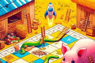 A fun image showing a Snakes and Ladders game between farm houses and pigs. There’s a rocket launching.