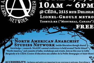 Poster: Blue sky with black silhouette of trees. At the top in white text is the logo for North American Anarchist Studies Network (A white anarchist circle A in a fancy script with the name of the network around it) and the text: ‘2018 Conference June 1,2,3 10am~6pm @ CEDA, 2515 Rue Delisle Lionel-Groulx Metro Tiohtia:ke (“Montreal, Canada”) FREE.’