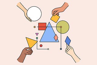 Diverse people team connect geometric shapes