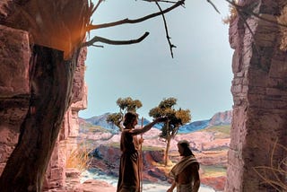 A photo of a diorama of Jesus being baptized by John. Stone cliffs are on either side; Jesus is standing in a stream. John is on the bank, with his hand reached out over Jesus.