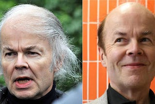 On the left, a photo of Christopher Jeffries with his combover. He looks angry. His mouth is open. His hair is grey and wispy, held there with hairspray. On the left, a well-lit professional photograph of a smiling Jeffries. He has had a haircut and his hair is dyed brown. His eyebrows have also been manicured.