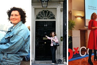 Overweight binge-eater smiling on the outside. Slim woman visiting Downing Street. Woman giving TEDx speech.