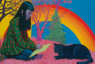illustration of woman painting with a rainbow and cat next to her, in a forest. AI image created on MidJourney v6 by Henrique Centieiro and Bee Lee.