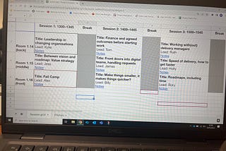 A picture of a laptop screen showing the sessions that were generated for the unconference