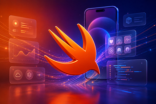 A glossy orange 3D Swift bird logo centered on an orange-to-indigo gradient background, surrounded by softly blurred translucent iOS interface panels and glowing data flow lines, symbolizing the evolution toward Swift 7.