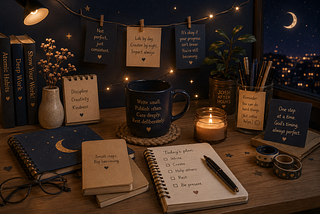 A cozy nighttime workspace in navy, cream, and warm gold tones featuring books, journals, handwritten notes, candles, coffee, and a moonlit window representing creativity, rest, and intentional living.