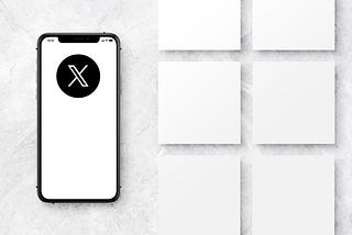 A phone with the X social media icon on it with blank white squares next to it