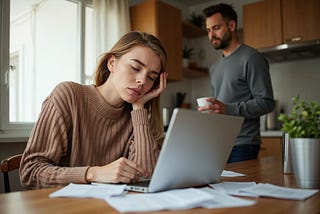 Woman typing on her laptop looking tired while husband looking — AI image