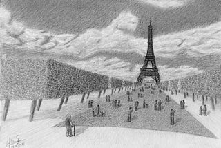 A drawing of an old man standing outside the crowd in from og the Eiffel Tower. An original artwork by Muhammad Moneib.