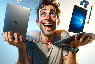 man with a happy expression is holding a 2-in-1 laptop in one hand while juggling a separate laptop and a tablet in the other hand, looking confused. The background is bright and simple, highlighting the dilemma of choosing between a 2-in-1 laptop and separate devices.