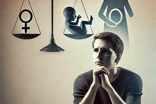 A man considering abortion issues represented by a scale with symbol for woman and a picture of a baby.