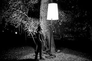 A man stares up at a lamp in the wilderness