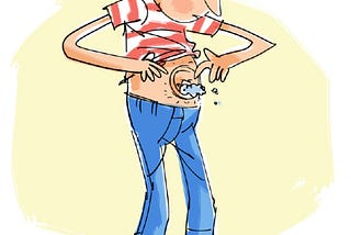 Cartoon image of a man in red striped shirt and blue pants looking at his linty giant belly button