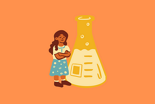 A person of color is standing beside a large erlenmeyer flask. They are content and happy.
