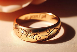 A gold ring engraved with the word “Plot” in cursive.