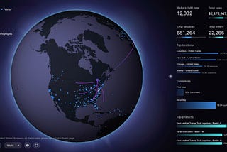 A screenshot of the Liveview data visualization dashboard, showing a globe in dark mode, with data such as visitors right now, total sales, and total orders.