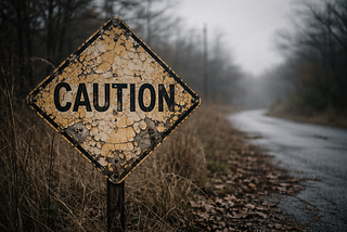 Weathered yellow caution sign with cracked, peeling paint beside an overgrown road.