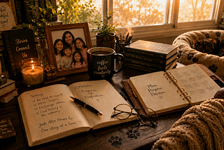 A cozy writer’s desk bathed in warm morning light, featuring an open journal labeled “Josh After Hours,” a cup of coffee, books, paw prints, a sleeping cat, and a framed photo of a mother with her four children.
