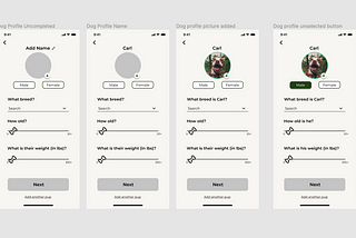 Four screens showing the progression of onboarding flow for the dog’s profile