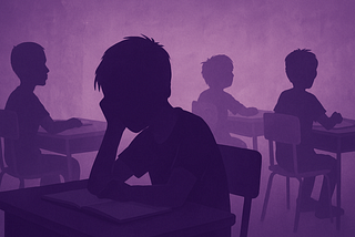 A purple-hued silhouette illustration of four elementary school boys seated at desks, each isolated and slouched, depicting emotional disengagement in a classroom without a teacher present.