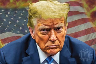 Trump traced with Adobe Illustrator, collaged with flames and flag in Adobe Photoshop, by the author