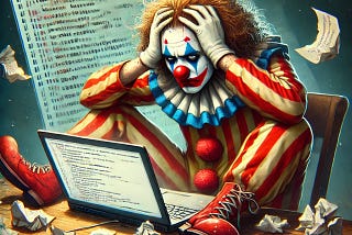 A picture of a sad clown holding his head in front of his computer