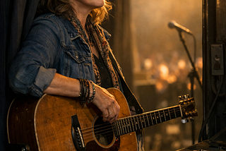 A female, middle-aged folksinger with her guitar waits in the wings just before going onstage.