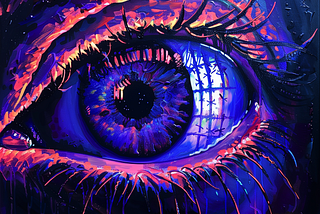 close-up of an eye painted in purple, orange, and blue hues