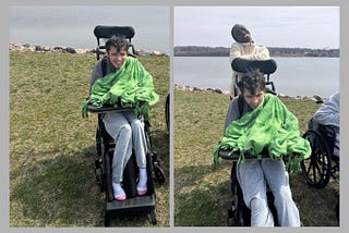 two photos showing the subject Phillip in his wheelchair on a recent lake visit, clutching one of his beloved blankets