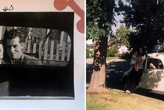 An old black and white photo of a couple in the rumble seat of a car in 1940 and a more modern photo of a mom holding her baby in 1997