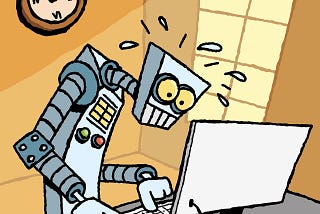 An artificially intelligent robot works hard and frantically at a desktop computer in an office.