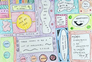 Dramadoodle with colors, images and text scribbled across page