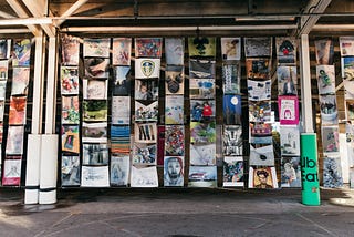 Columns of peoples’ artworks, hung in Headingley Stadium