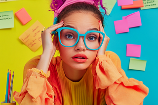 an article key visual with a woman writer with vivid colorful accessories and reading glasses with colorful frames. Emotion: pain, struggle. Key color codes are #e11a72 and #1ae189. Photorealistic studio shot, office environment, colorful background.