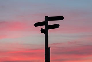 A signpost pointing in multiple directions, silhouetted against the sky at sunset